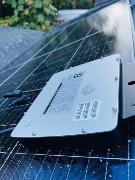 A close-up photo of a microinverter