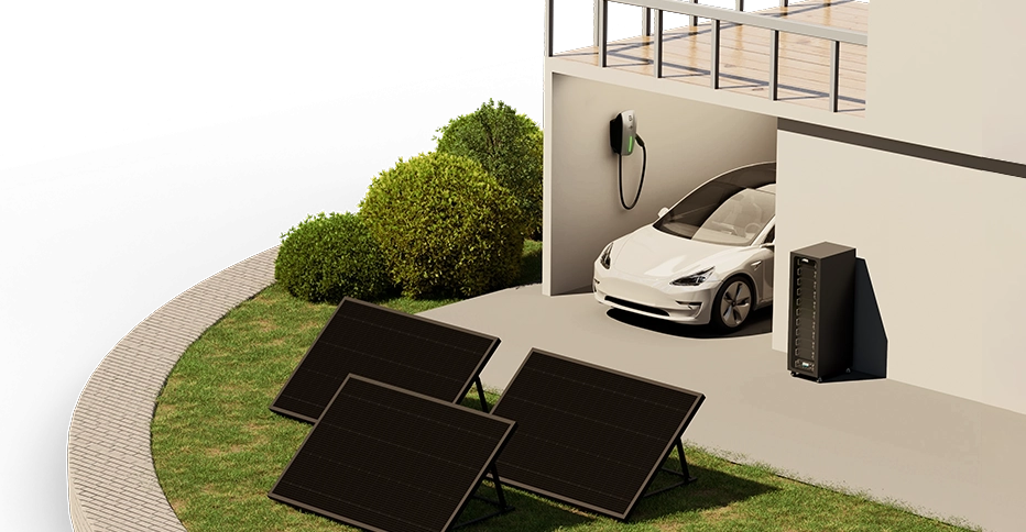 A white car is charged through a Rack-Mounted LFP Energy Storage Battery Pack