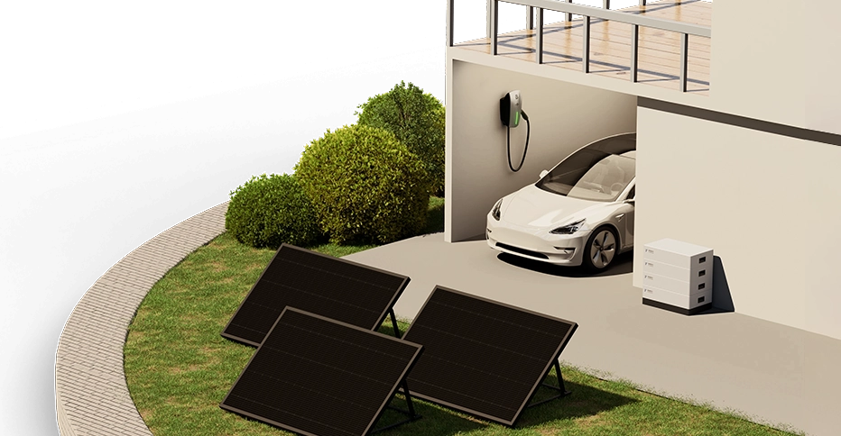 A white car is charged through a Rack-Mounted LFP Energy Storage Battery Pack