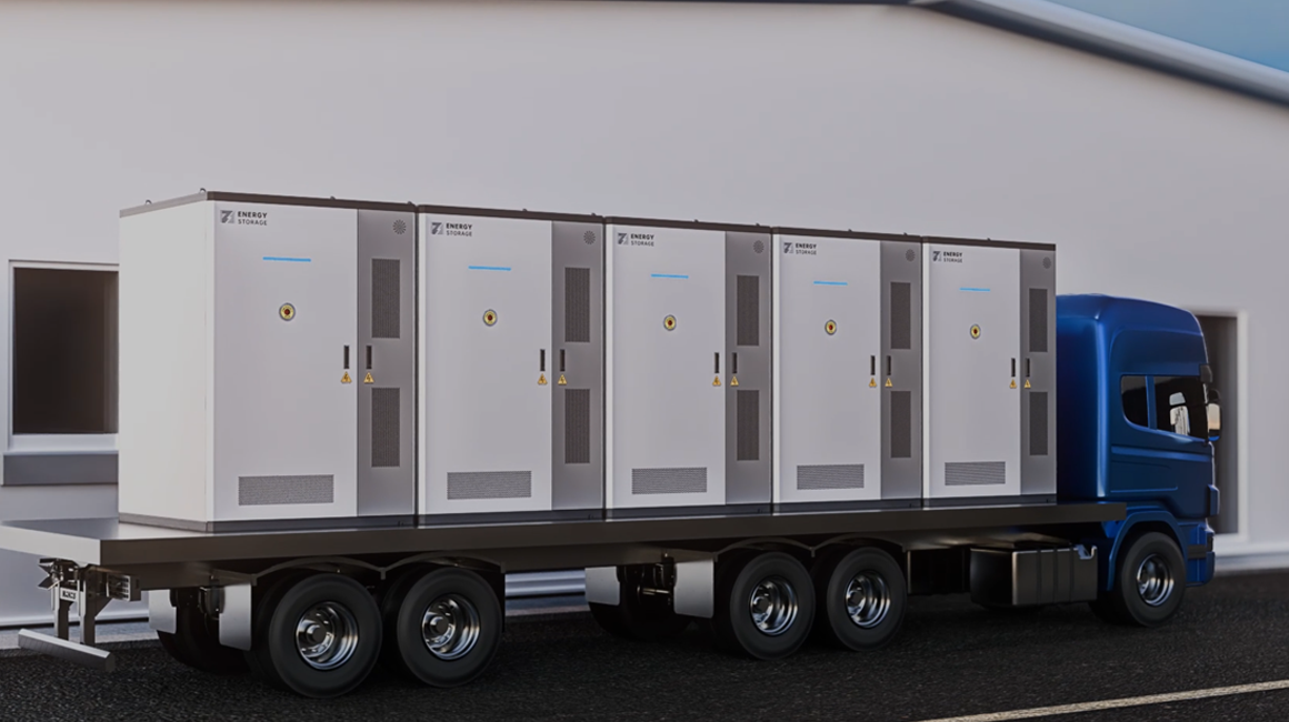 Energy storage systems being delivered to a facility by a truck.