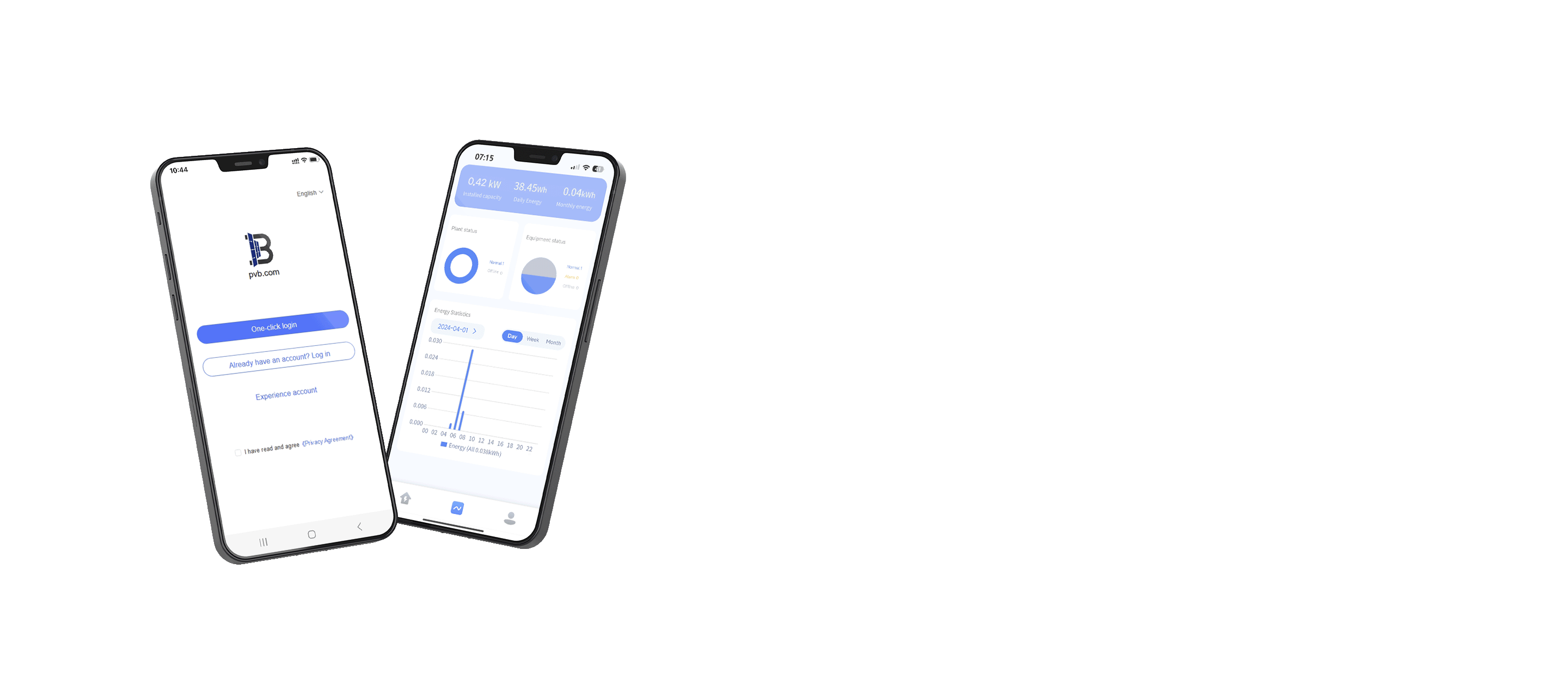 Two mobile phones showing the PVB app
