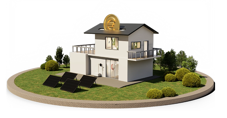 a house with solar panels and a large coin on the roof, symbolizing cost savings through solar power generation.