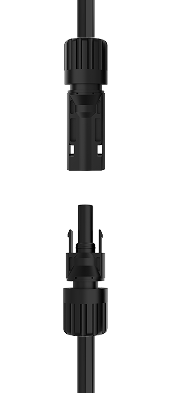 MC4 connectors, one in the open position and the other in the closed position, ready to connect.