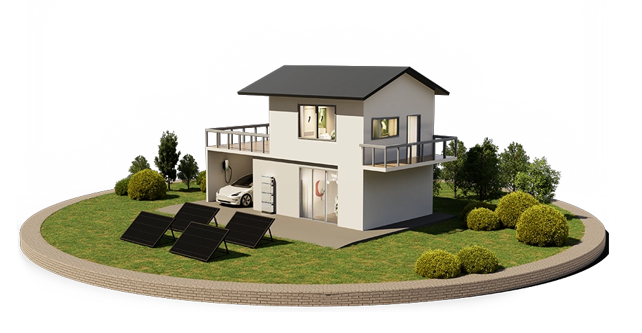 A small white house with solar panels on its roof