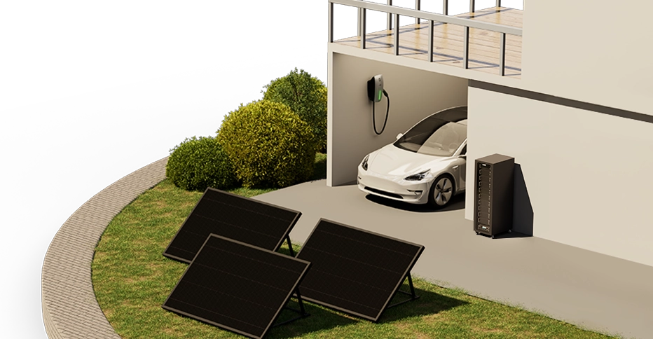 A house with solar panels on the roof and a car parked outside