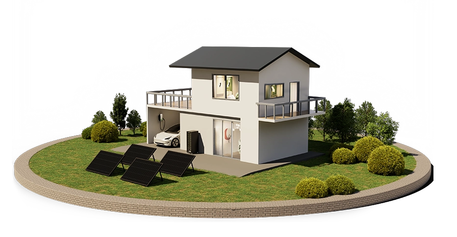 A house with solar panels on the roof and a car parked outside