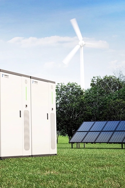 Energy storage systems are shown in front of solar panels