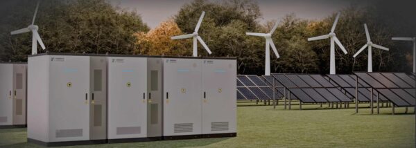 Energy storage systems in front of solar panels and wind turbines