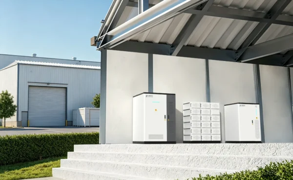 Commercial and industrial ESS solution showing battery energy storage cabinets for peak shaving, backup power, and intelligent energy management.