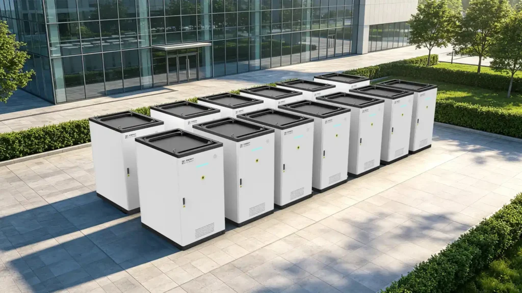 Hybrid commercial energy system integrating photovoltaic solar panels, battery energy storage, and diesel generators for stable off-grid and backup power supply.