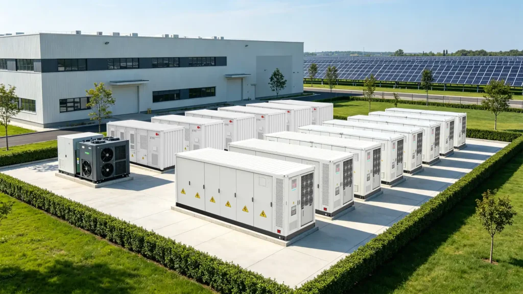 Commercial solar and energy storage system combining PV panels with battery energy storage for optimized renewable energy usage.