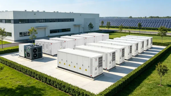 Commercial solar and energy storage system combining PV panels with battery energy storage for optimized renewable energy usage.