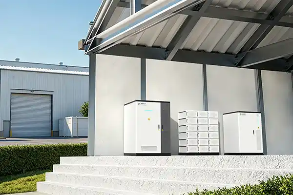 Residential and commercial hybrid battery energy storage system installed beside an industrial facility, featuring modular lithium battery cabinets for solar energy storage and backup power applications.
