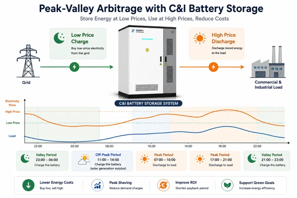 Peak-Valley Arbitrage with C&I battery storage infographic showing low-price charging, high-price discharging, and electricity price periods